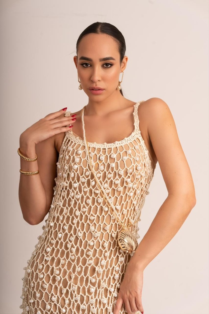 Vestido de Crochet Fio de Seda Pérolas VE5